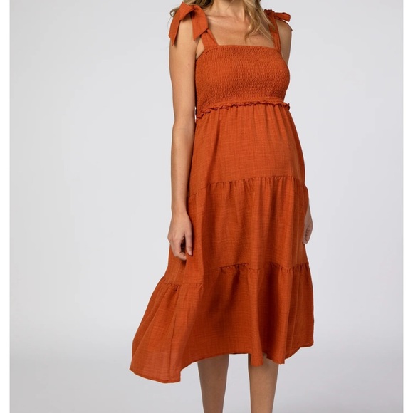 Rust Bow Strap Tiered Maternity Midi Dress - Picture 2 of 7